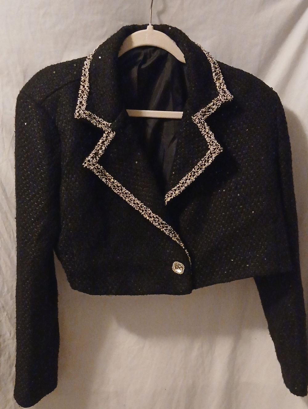 Cider Black Cropped Tweed Blazer with Cream-Silver Trim